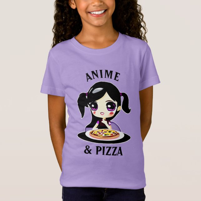 Anime and Pizza Black and Purple Cartoon T-Shirt (Front)