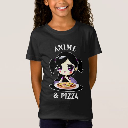 Anime and Pizza Black and Purple Cartoon T_Shirt