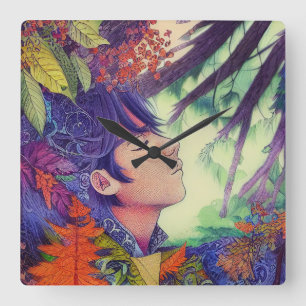 Anime Artwork Male Forest - Japan Manga Style Square Wall Clock