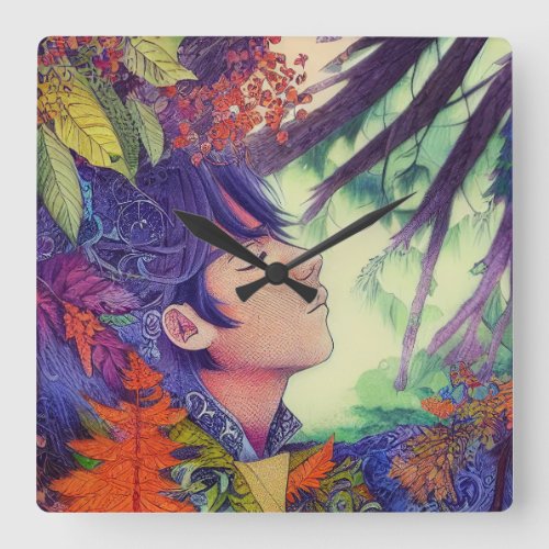 Anime Artwork Male Forest _ Japan Manga Style Square Wall Clock