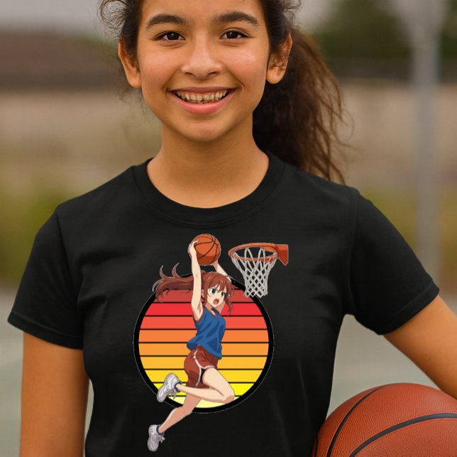 Anime Basketball Girl On Retro Sunset Template T-Shirt (Creator Uploaded)