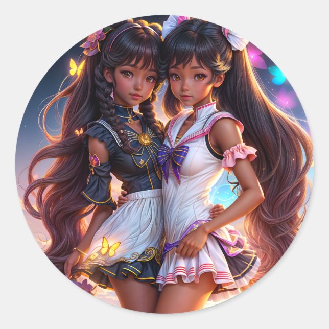 Anime Black Girl Friends Classic Round Sticker (Front)