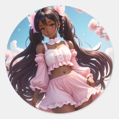 Anime Black Girl Pink Animecore Classic Round Sticker
