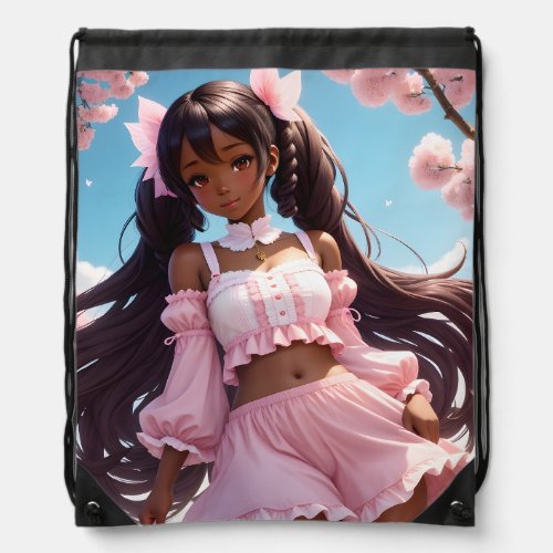 Anime Black Girl Pink Animecore Drawstring Bag