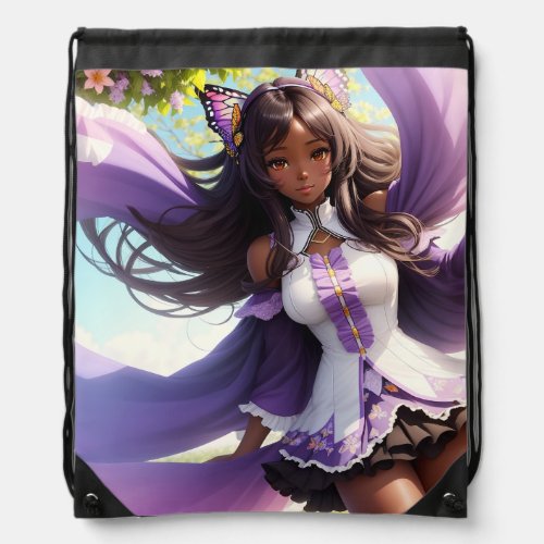 Anime Black Girl Purple Animecore Drawstring Bag