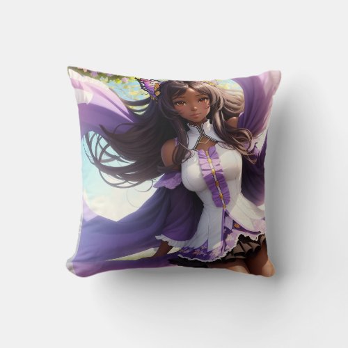 Anime Black Girl Purple Animecore Throw Pillow