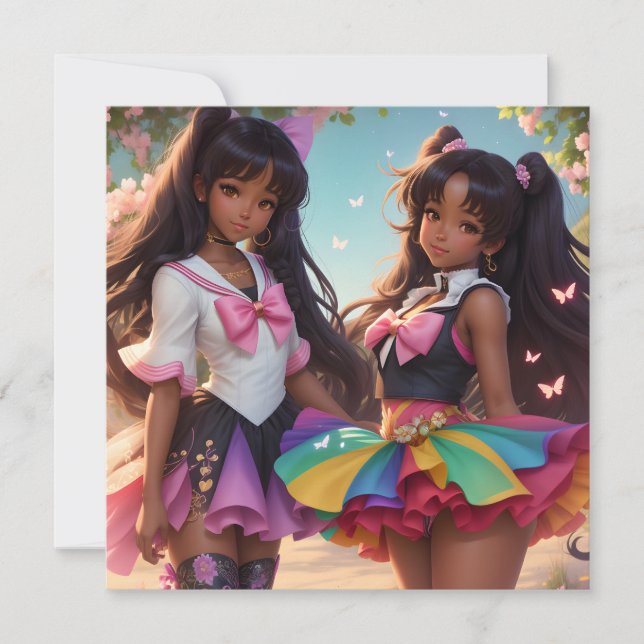 Anime Black Girls Rainbow Animecore Invitation (Front)