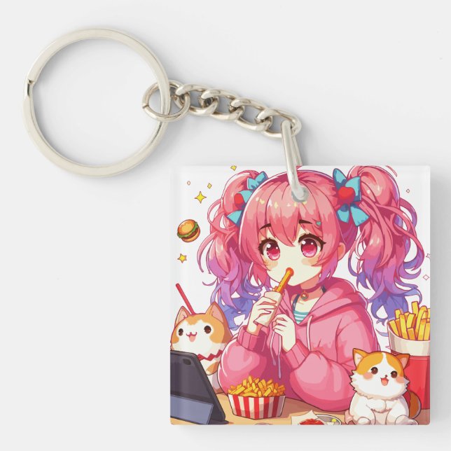 Anime Bliss: Girl, Potatoes, and Pet Keychain (Front)