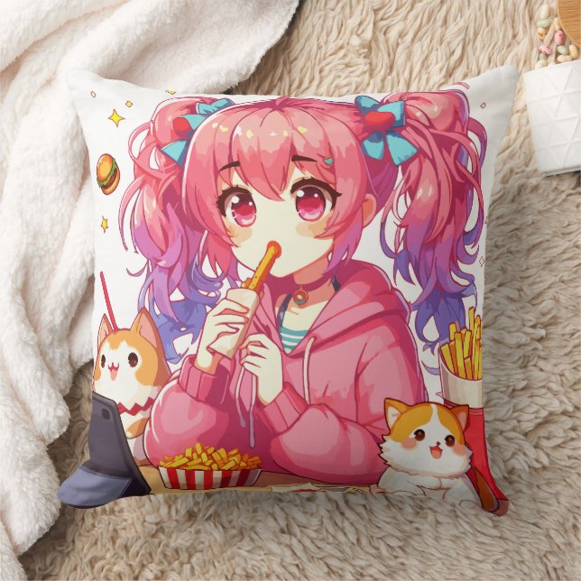 Anime Bliss: Girl, Potatoes, and Pet Throw Pillow (Blanket)