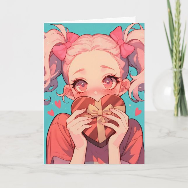 Anime Blond Girl Heart Love Holiday Card (Front)