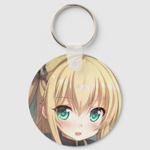 Anime blond-haired girl emerald green eyes keychain