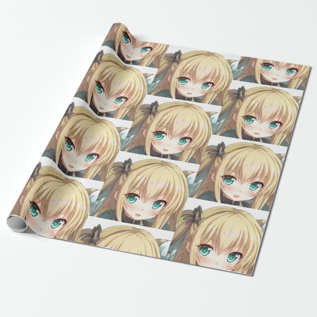 Anime blond-haired girl emerald green eyes wrapping paper (Unrolled)