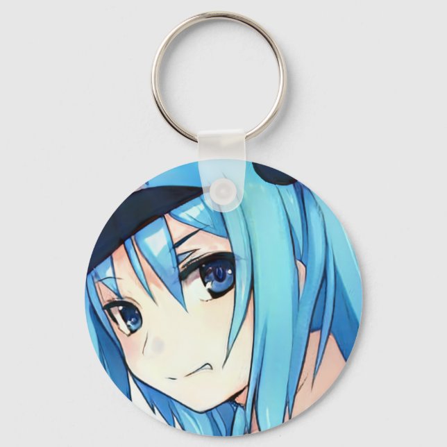 anime blue-haired girl blue eyes keychain (Front)