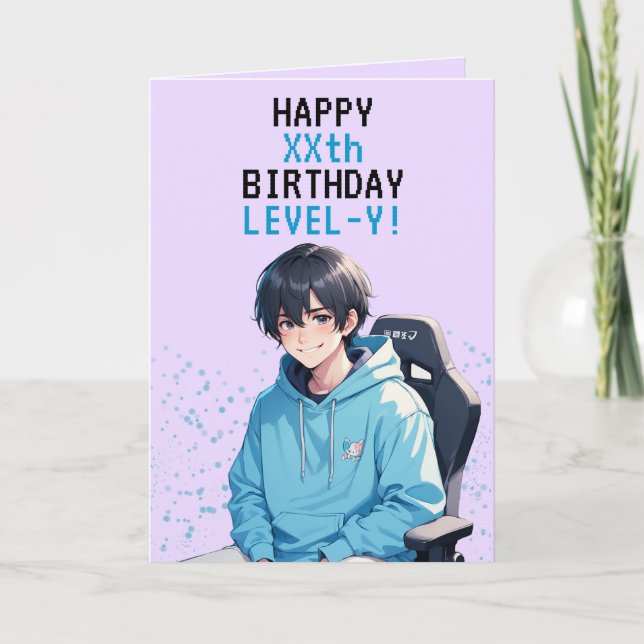 Anime Blue & Purple Gamer Personalized Birthday Card (Front)