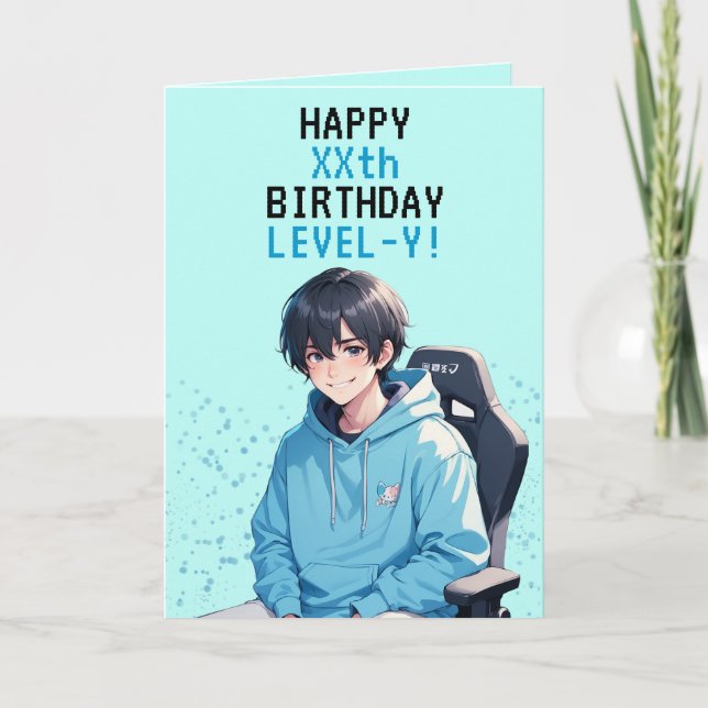 Anime Blue & Teal Gamer Personalized Birthday Card (Front)