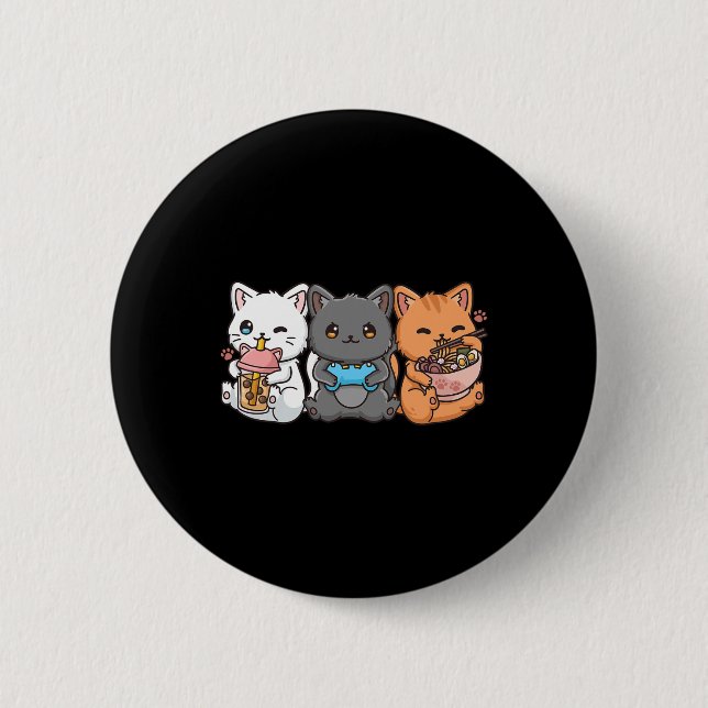 Anime Bo Tea Bubble Tea Gaming Gamer Ramen Cat  Button (Front)