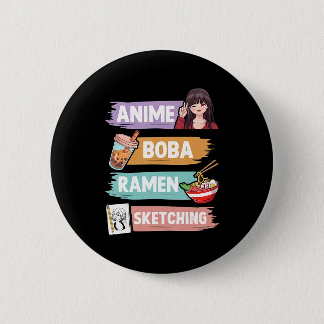 Anime Boba Ramen Sketching Otaku Kawaii Anime Girl Button (Front)