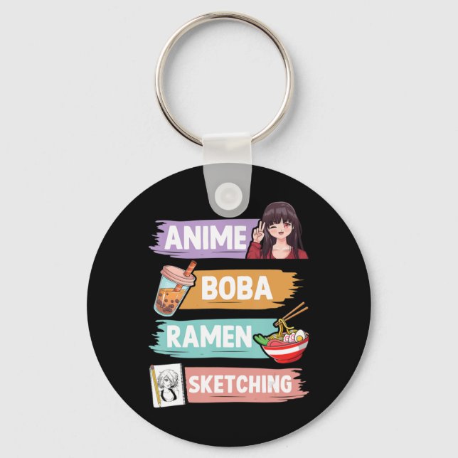 Anime Boba Ramen Sketching Otaku Kawaii Anime Girl Keychain (Front)