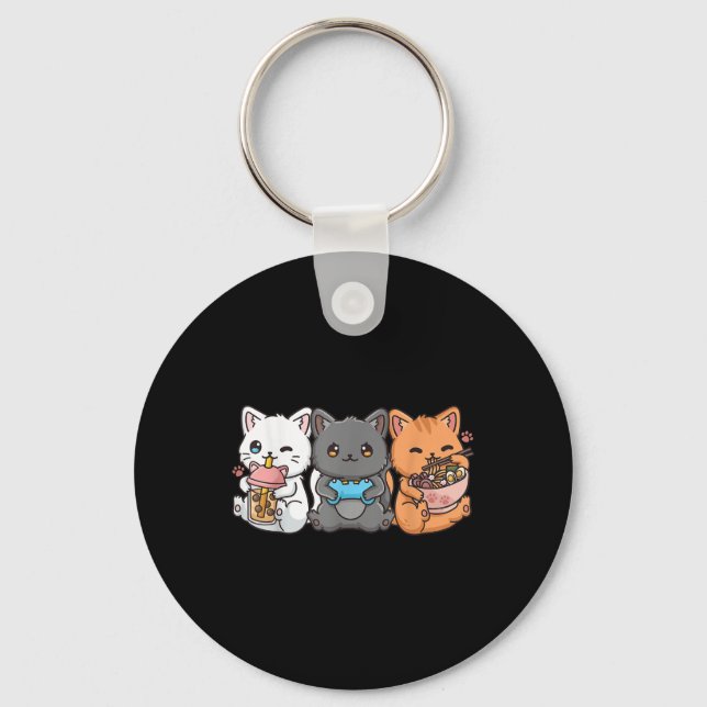Anime Boba Tea Bubble Tea Gaming Gamer Ramen Cat  Keychain (Front)