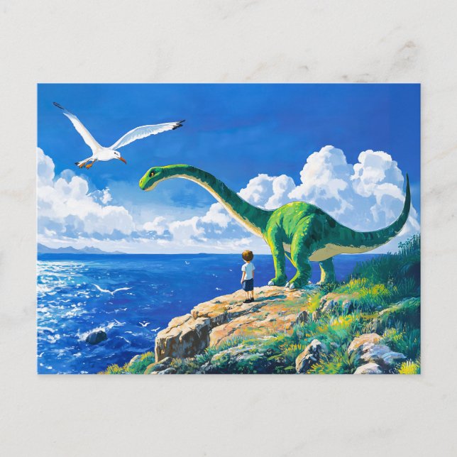 Anime boy and Brachiosaurus overlooking sea Holiday Postcard (Front)