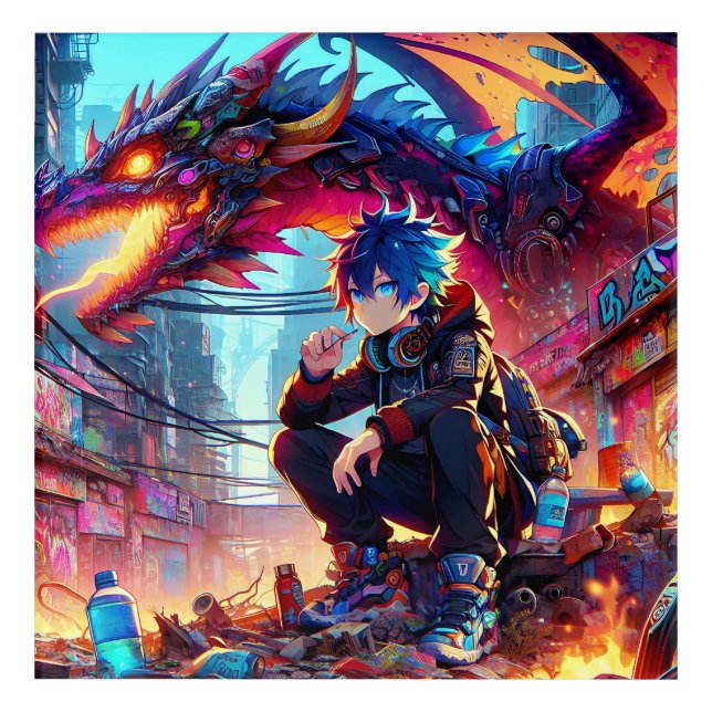 Anime Boy and Dragon in a Dystopian World Acrylic Print (Front)