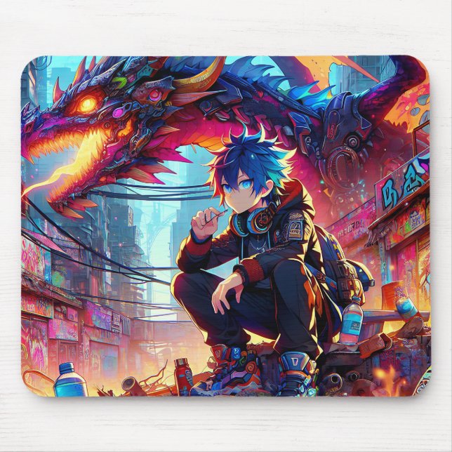 Anime Boy and Dragon in a Dystopian World Mouse Pad (Front)