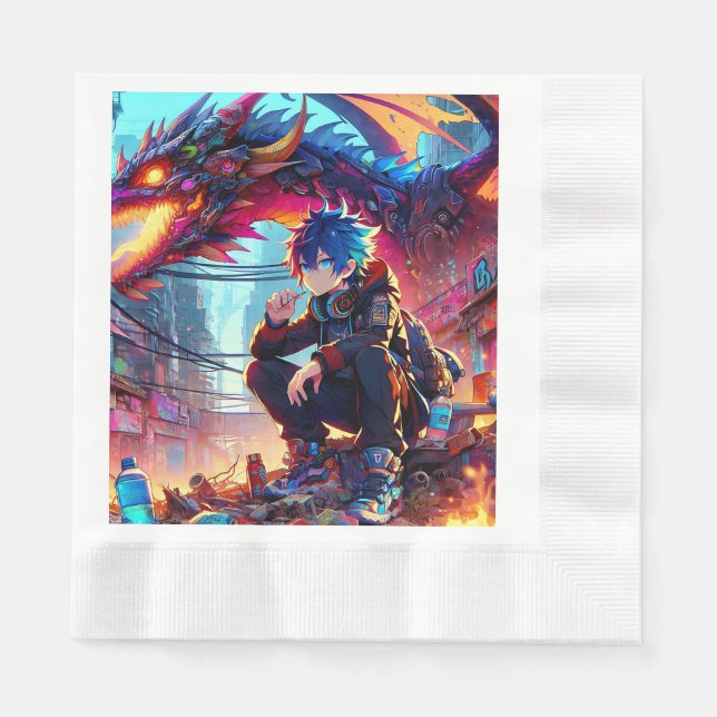 Anime Boy and Dragon in a Dystopian World Napkins (Front)
