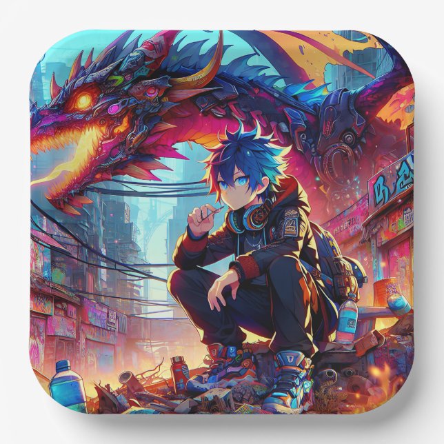 Anime Boy and Dragon in a Dystopian World Paper Plates (Front)