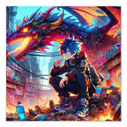 Anime Boy and Dragon in a Dystopian World Photo Print