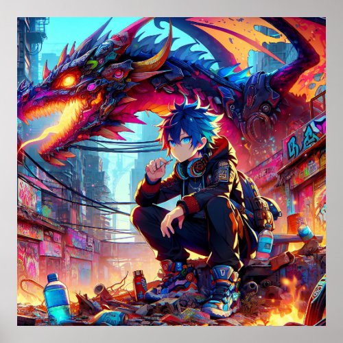 Anime Boy and Dragon in a Dystopian World Poster