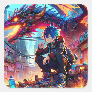 Anime Boy and Dragon in a Dystopian World Square Sticker
