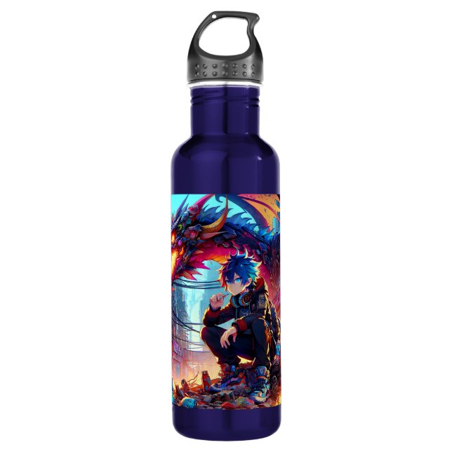 Anime Boy and Dragon in a Dystopian World Stainless Steel Water Bottle (Front)