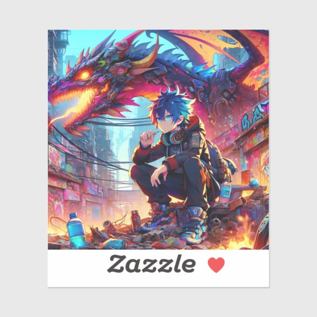 Anime Boy and Dragon in a Dystopian World Sticker (Sheet)