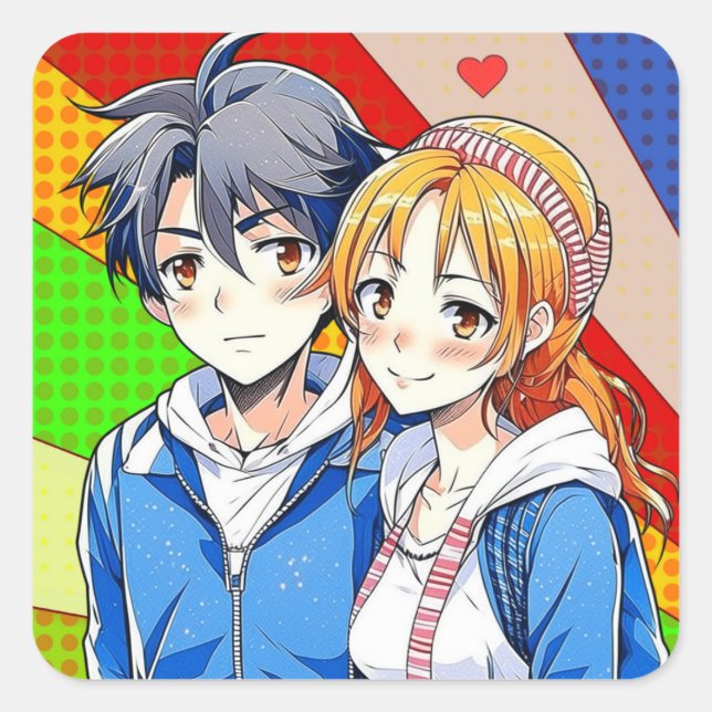 Anime Boy and Girl Couple with Heart Square Sticker (Front)