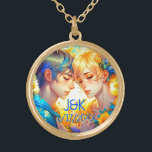 Anime Boy and Girl Floral Couple Personalized Gold Plated Necklace<br><div class="desc">Personalized wedding jewelry. Anime boy and girl cuddling surrounded by yellow flowers. Lots of blue details.</div>
