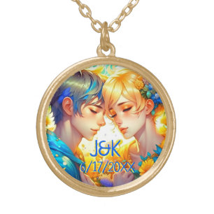 Anime Boy and Girl Floral Couple Personalized Gold Plated Necklace