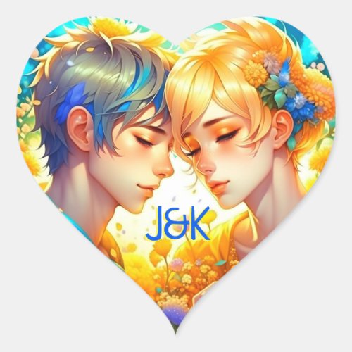 Anime Boy and Girl Floral Couple Personalized Heart Sticker