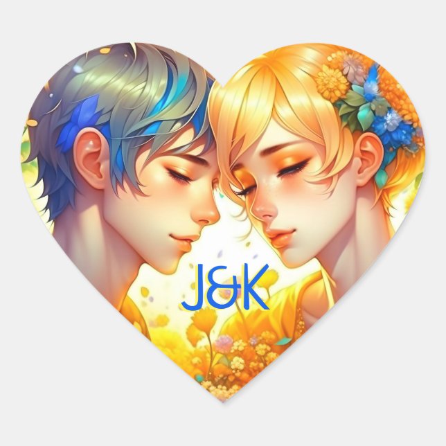 Anime Boy and Girl Floral Couple Personalized Heart Sticker (Front)