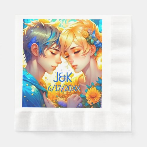 Anime Boy and Girl Floral Couple Personalized Napkins