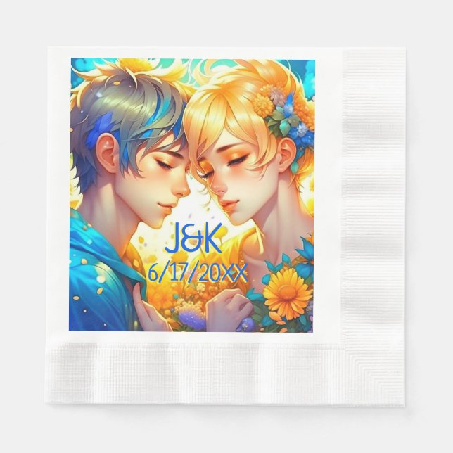 Anime Boy and Girl Floral Couple Personalized Napkins (Front)