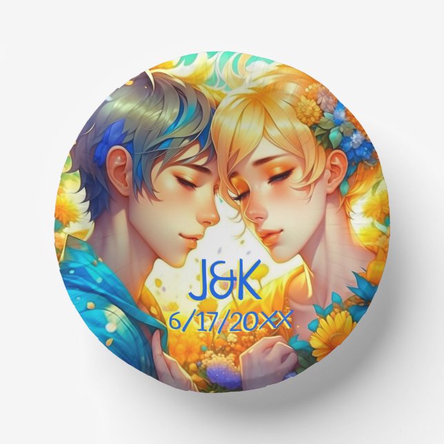 Anime Boy and Girl Floral Couple Personalized Paper Bowls (Front)