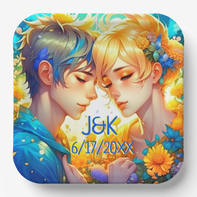 Anime Boy and Girl Floral Couple Personalized Paper Plates (Front)