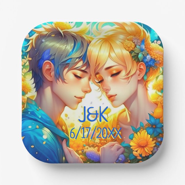 Anime Boy and Girl Floral Couple Personalized Paper Plates (Front)