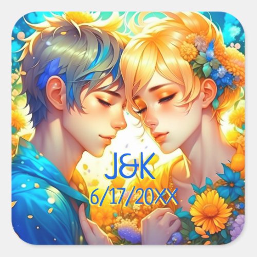 Anime Boy and Girl Floral Couple Personalized Square Sticker