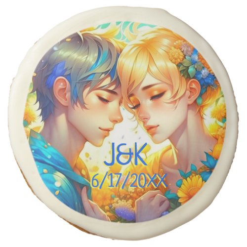 Anime Boy and Girl Floral Couple Personalized Sugar Cookie