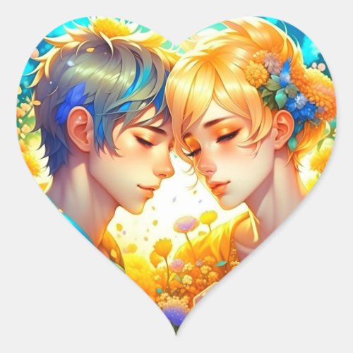 Anime Boy and Girl Floral Couple Themed Heart Sticker