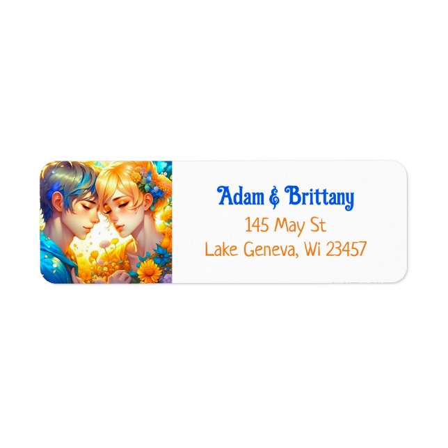 Anime Boy and Girl Floral Couple Themed Label (Front)