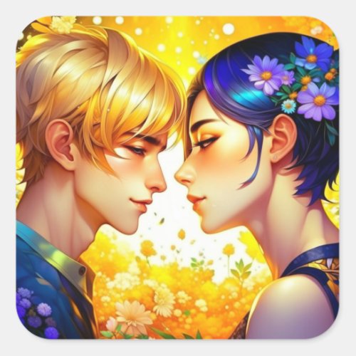 Anime Boy and Girl in Love Romantic Flirty Square Sticker