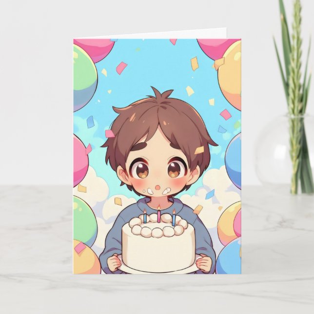 Anime Boy Birthday Cake Colorful Holiday Card (Front)