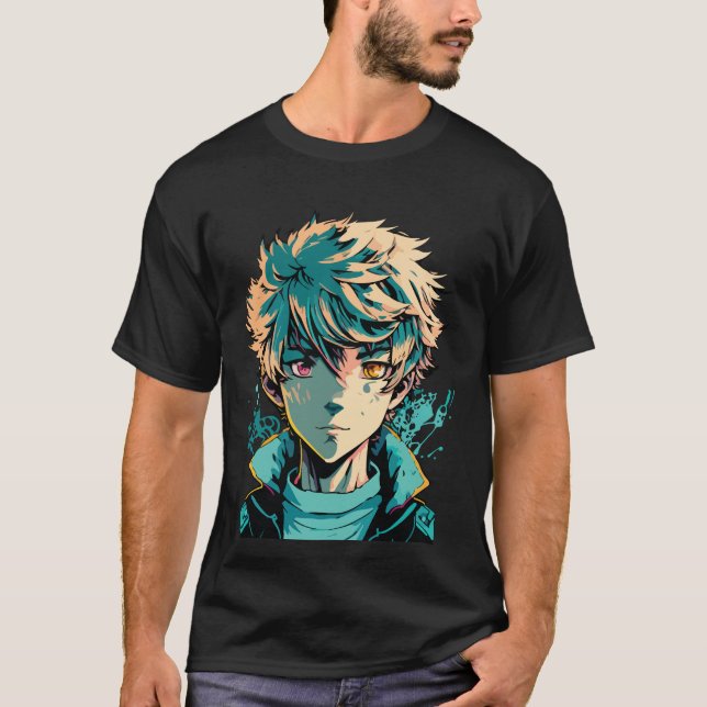 Anime Boy: Gold Hair, Pink and Gold Eyes T-Shirt (Front)